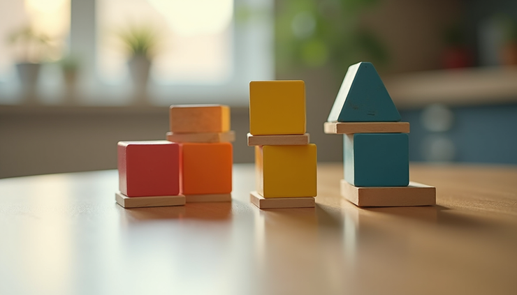 Eye-level view of colorful wooden building blocks arranged on a play table