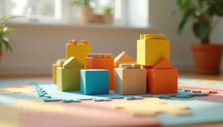 Eye-level view of colorful wooden building blocks arranged on a play mat