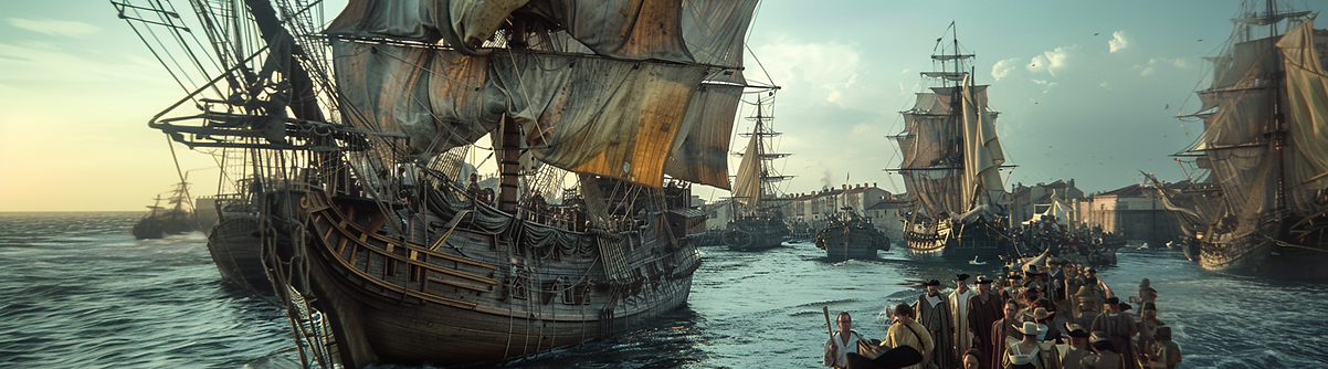 Diversos navios, da época das Grandes Navegações, transportando cânhamo para velas, cordas e uniformes navais.