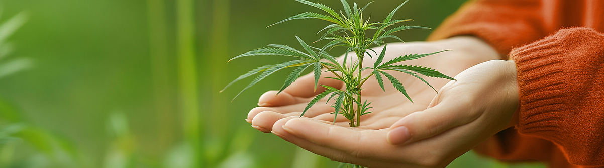 A imagem mostra uma pessoa segurando gentilmente uma pequena planta de cannabis verde em suas mãos em concha.