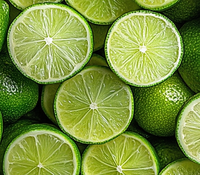 Várias fatias de limão dispostas sobre um fundo de cor verde.