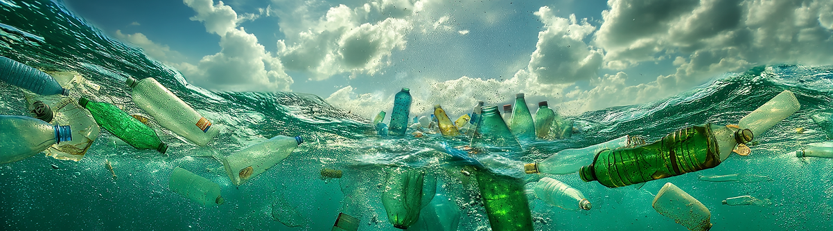 A imagem retrata a poluição plástica nos oceanos, mostrando uma grande quantidade de garrafas e outros detritos plásticos.