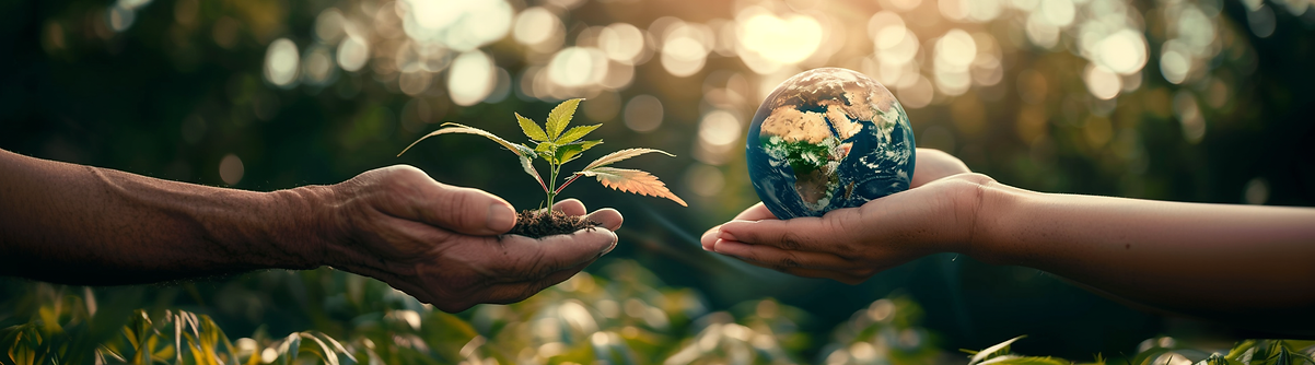A mão esquerda segura uma planta com terra. A mão direita segura uma esfera que representa o planeta Terra.