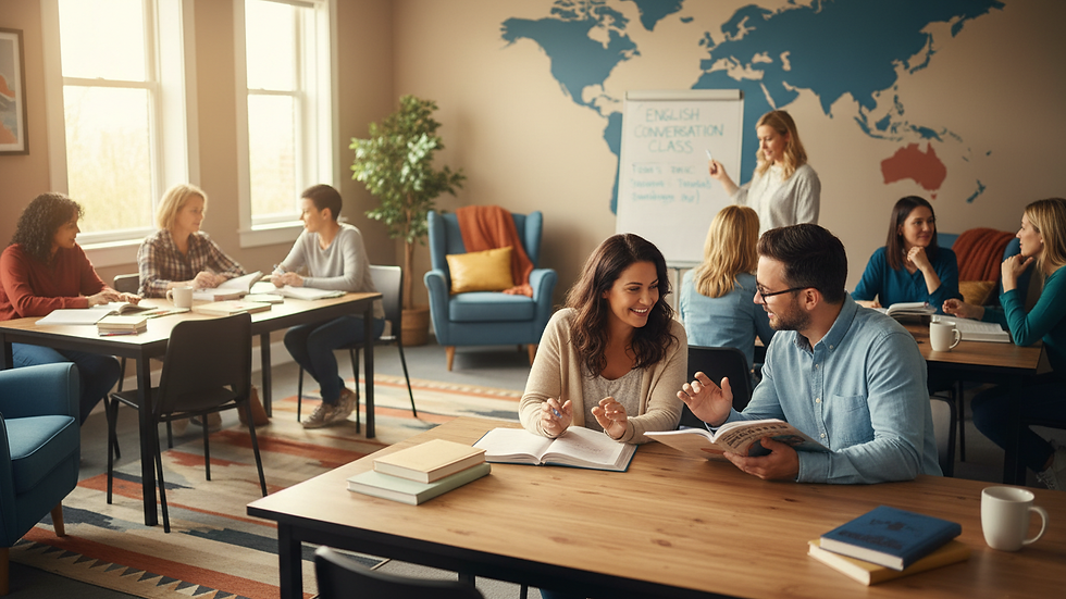 Eye-level view of a classroom with adult students learning English