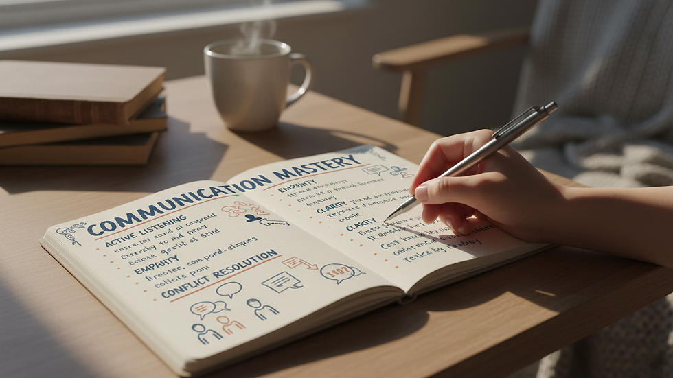 Close-up view of a notebook with notes on communication skills improvement