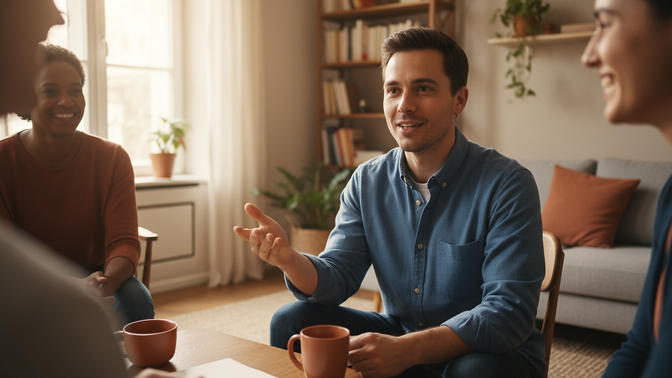 Eye-level view of a person speaking confidently in a small office meeting