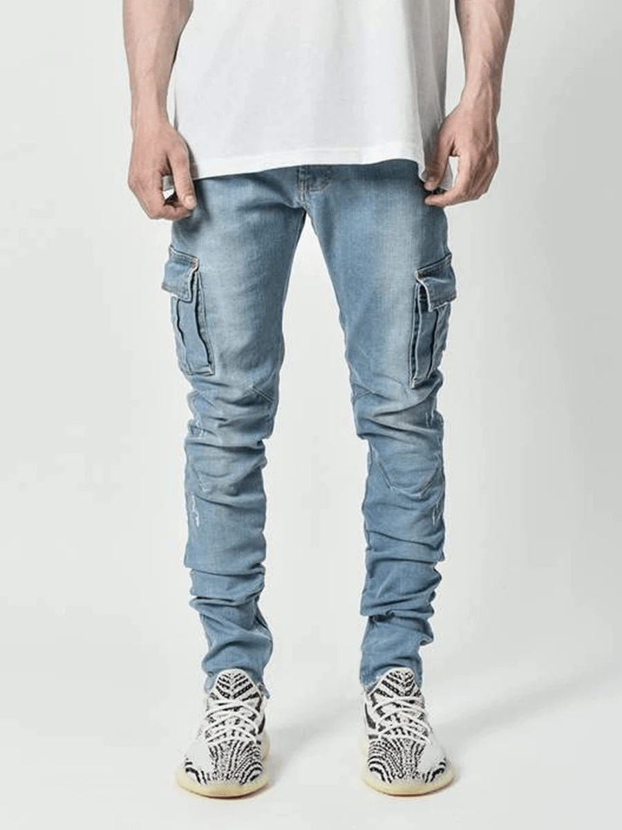 Miniatura: Calça Jeans Cargo Masculina Plus Size Multi Bolsos Casual Premium