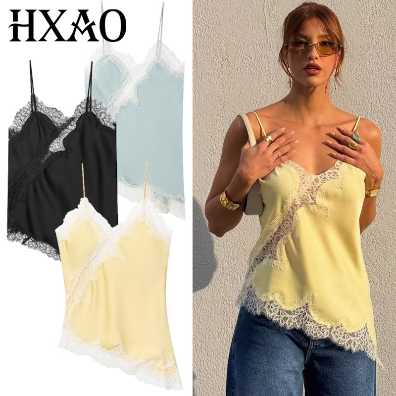 Blusa Feminina HXAO Assimétrica de Alça – Estilo Y2K com Renda e Costas Aber