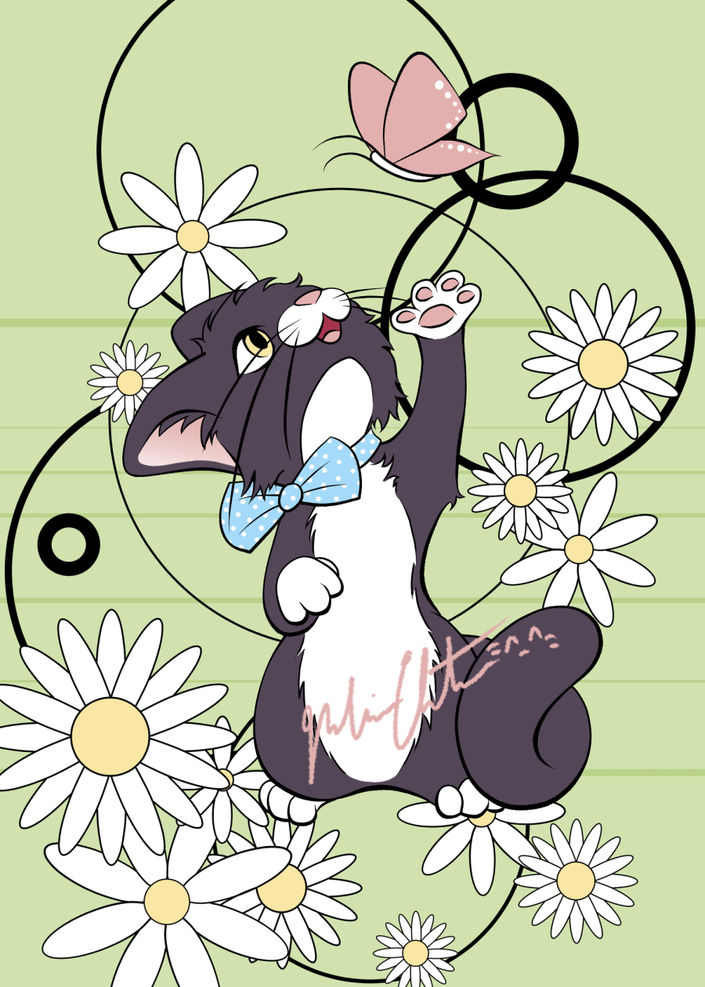 Tuxedo Cat with Spring Flowers