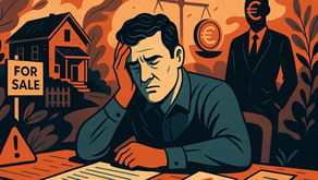 Illustration stylisée d’un homme préoccupé devant des papiers financiers, une maison “à vendre” et un investisseur menaçant en arrière-plan, symbolisant les risques de la vente à réméré.