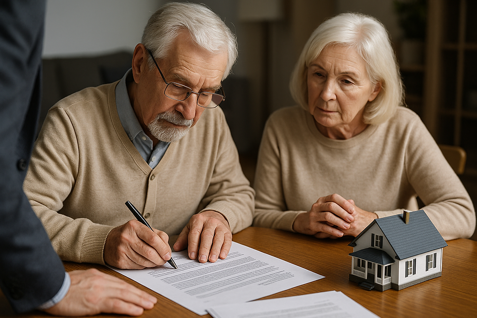 Couple de parents seniors signant des documents immobiliers pour aider leur enfant fiché FICP grâce à un prêt viager hypothécaire, permettant de lever la faculté d’achat d’un bien en vente à réméré.