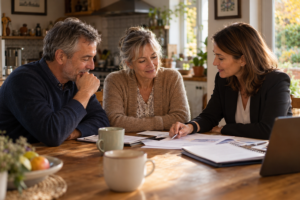 Couple de propriétaires échangeant avec une conseillère sur ses dettes et les alternatives solidaires au crédit hypothécaire.