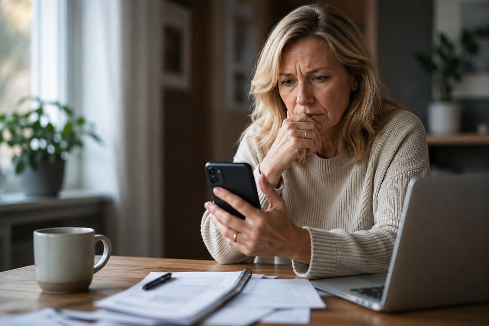 Femme propriétaire préoccupée consultant son téléphone après un faux SMS de fichage FICP Banque de France, illustration des arnaques par SMS liées au FICP