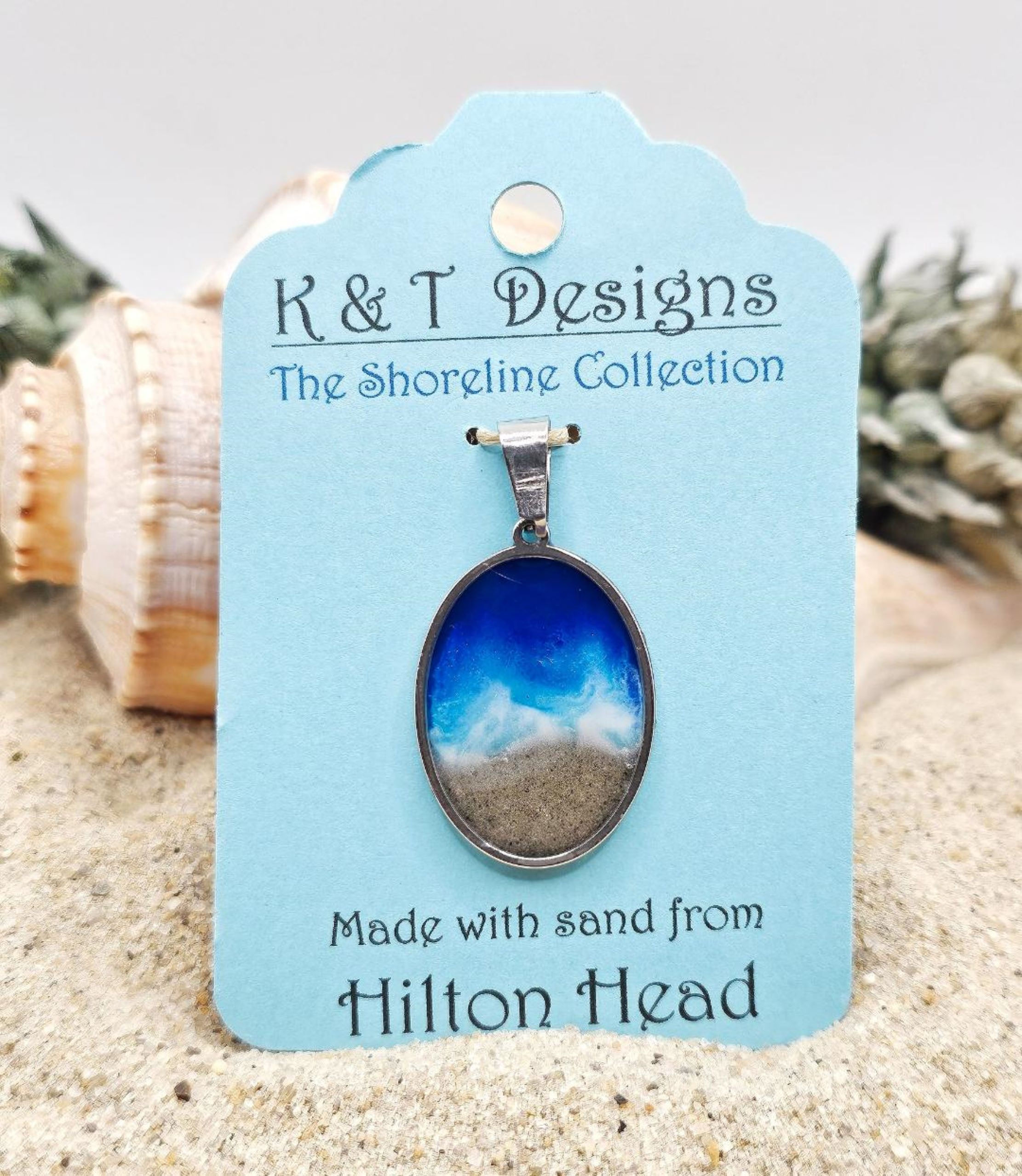 Hilton Head Beach Sand Engravable Oval Shoreline Pendant / Necklace