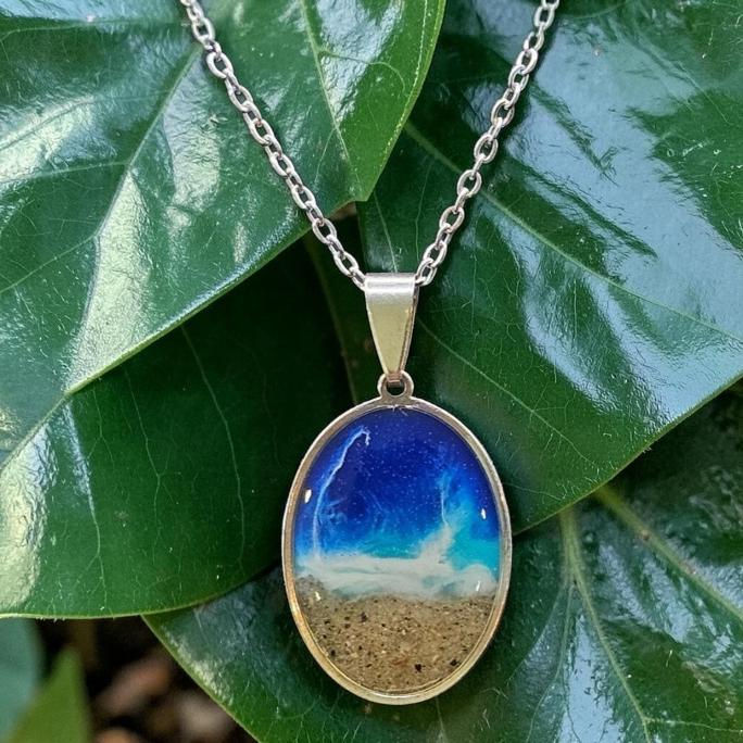 Thumbnail: Garden City Beach Sand Oval Shoreline Engravable Pendant / Necklace