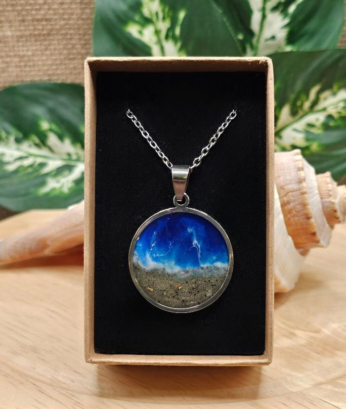Thumbnail: Garden City Beach Sand Engravable Shoreline Large Circle Pendant / Necklace