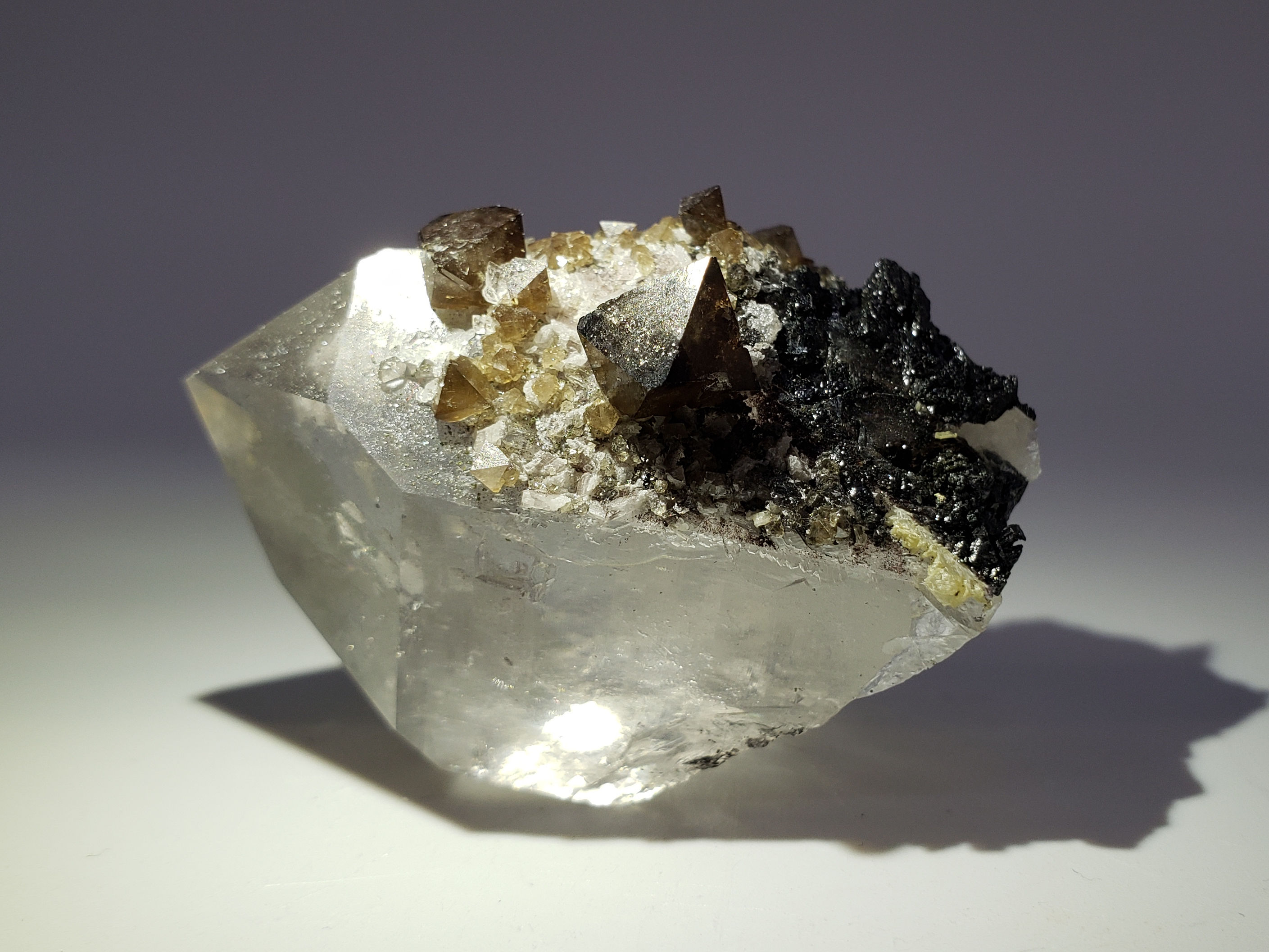 Scheelite on Quartz with Wolframite var. Ferberite from Yaogangxian Mine