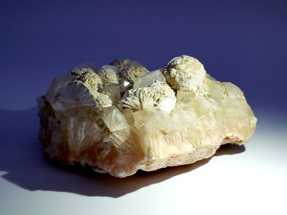 Thumbnail: Apophyllite and Botryoidal Calcite on Stilbite from India