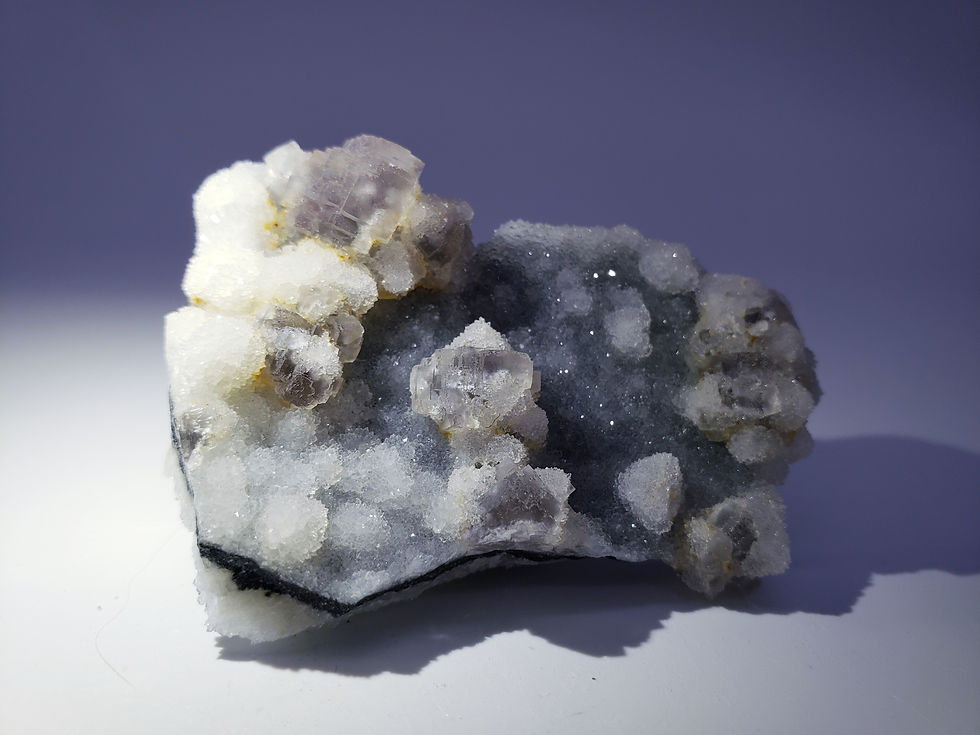 Thumbnail: Fluorite on Blue Druzy Quartz from Huitan Mine, Fujian, China