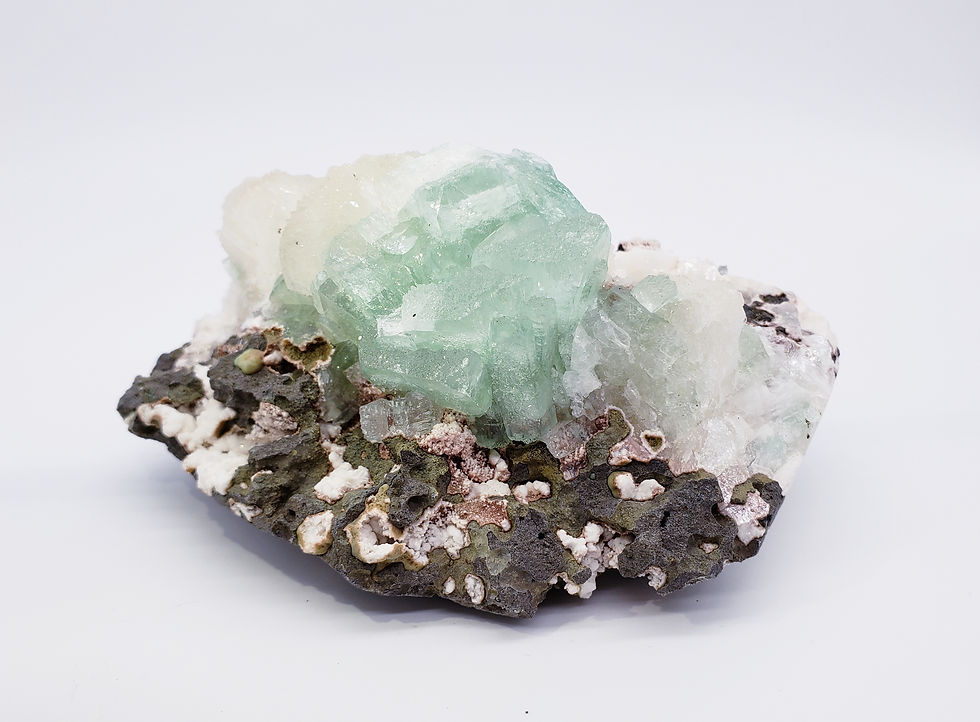 Thumbnail: Collector's Piece: Green Apophyllite with Stilbite and Heulandite from India