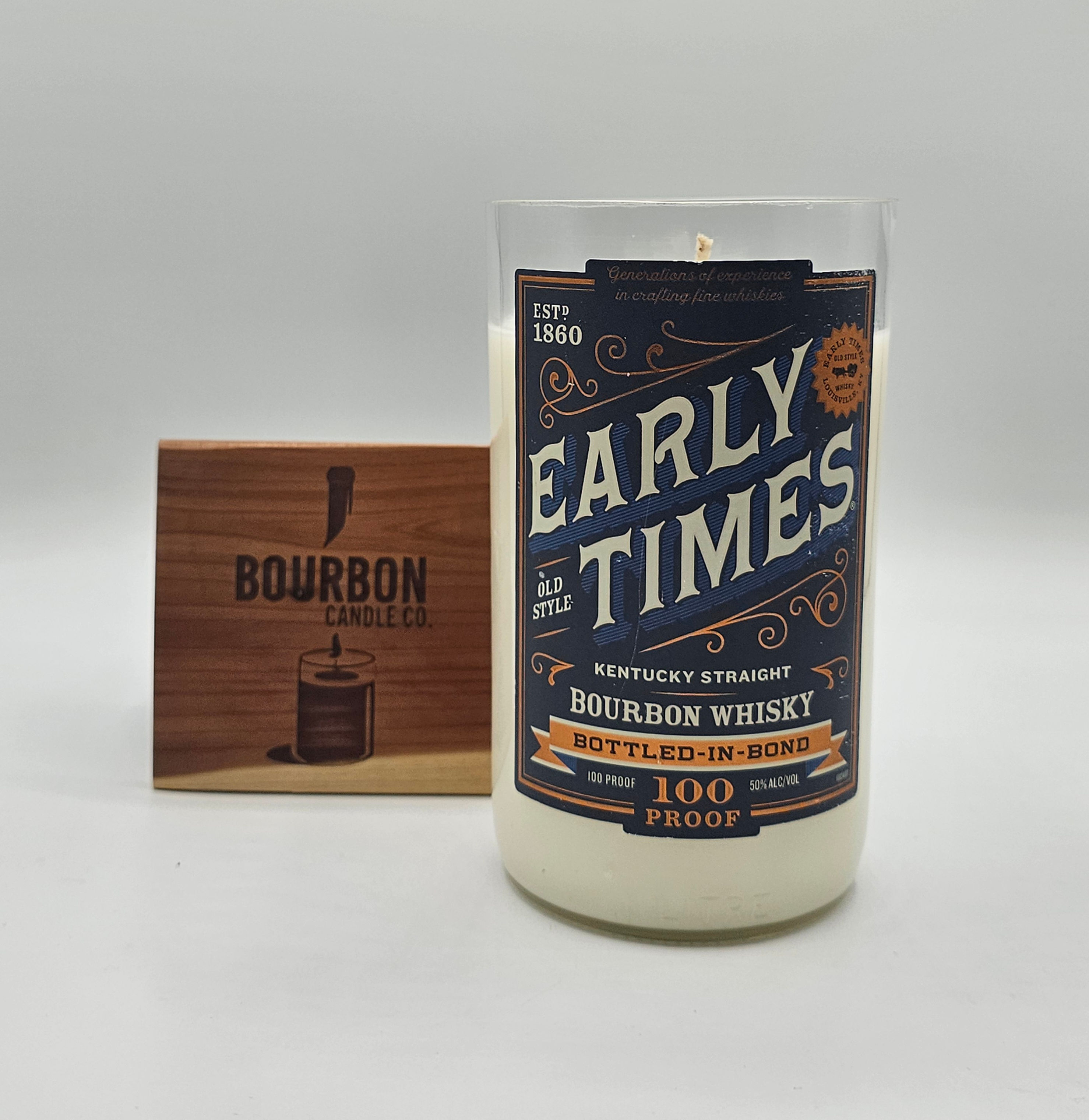 Upcycled Early Times Bourbon Whiskey Candle made from recycled liquor bottle by Bourbon Candle Company