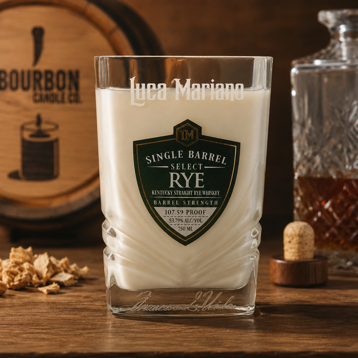 Upcycled Luca Mariano Single Barrel Select Kentucky Rye Whiskey Bottle Candle