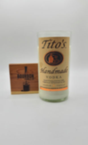 Upcycled Liquor Bottle Candle made from Titos Handmade Vodka Bottle. Candle is scented & made by Bourbon Candle Co