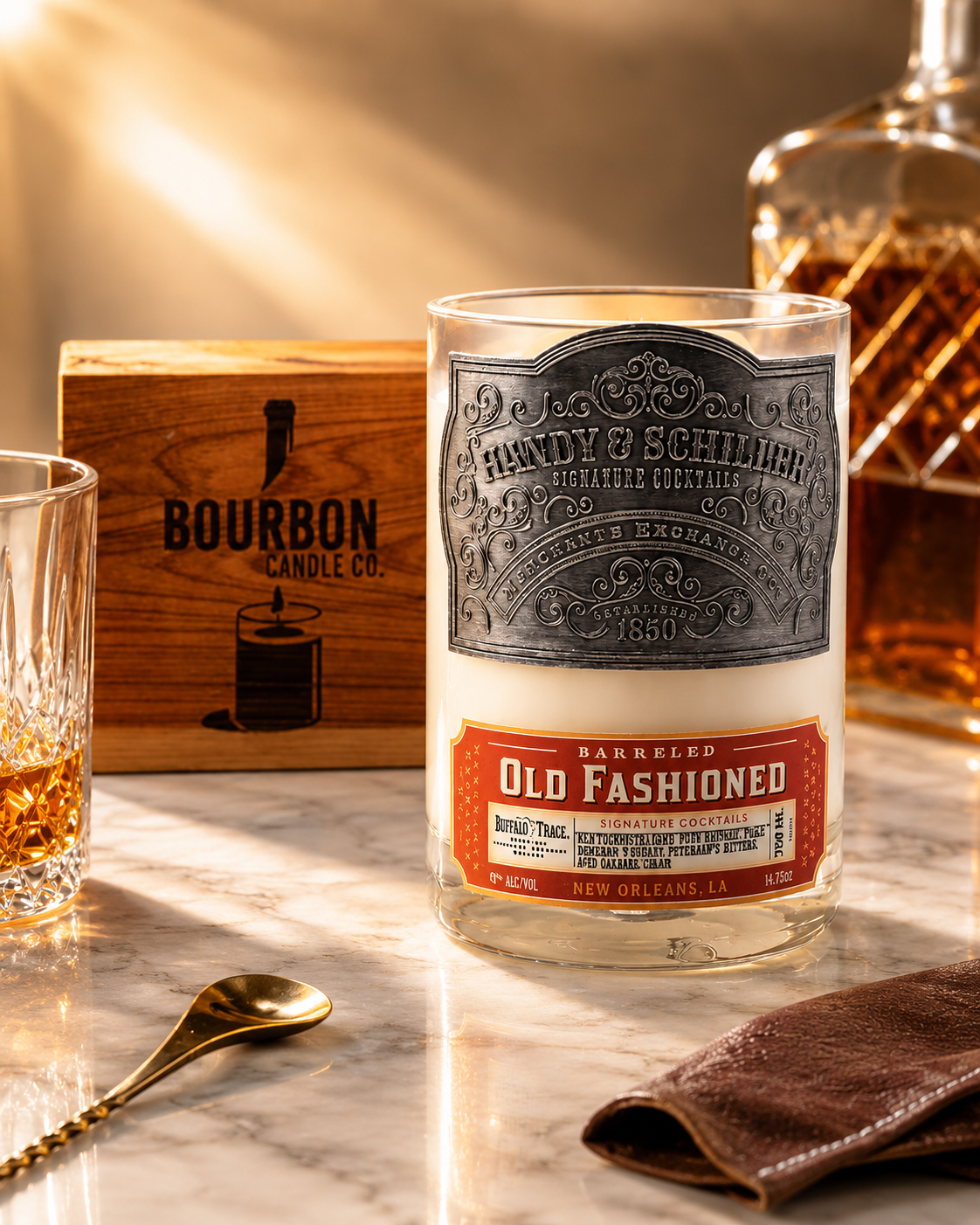 Upcycled Handy & Schiller Old Fashion Bourbon Whiskey & Liquor Bottle Candle