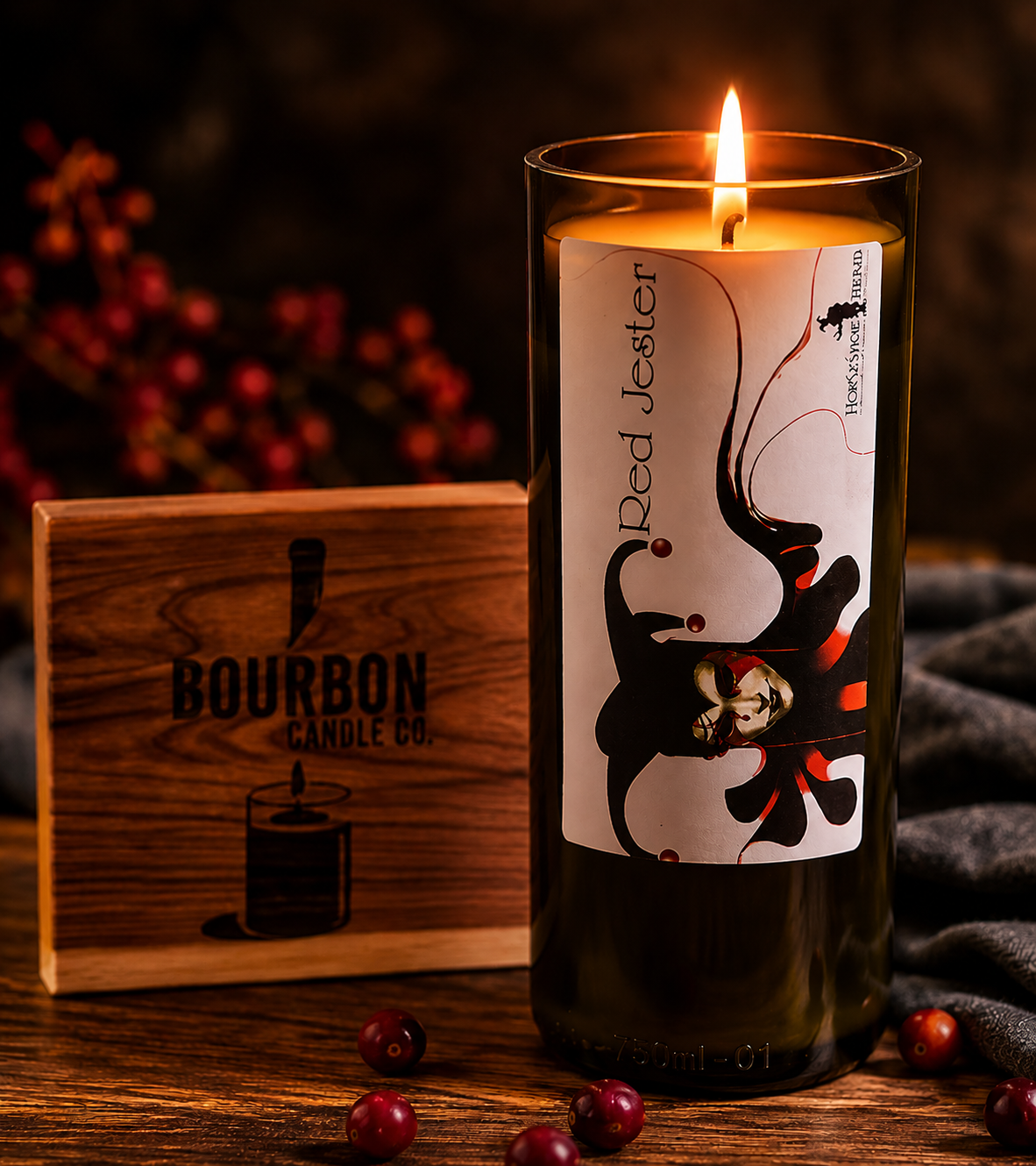 Upcycled Jester's Winery Red Jester Wine Bottle Candle