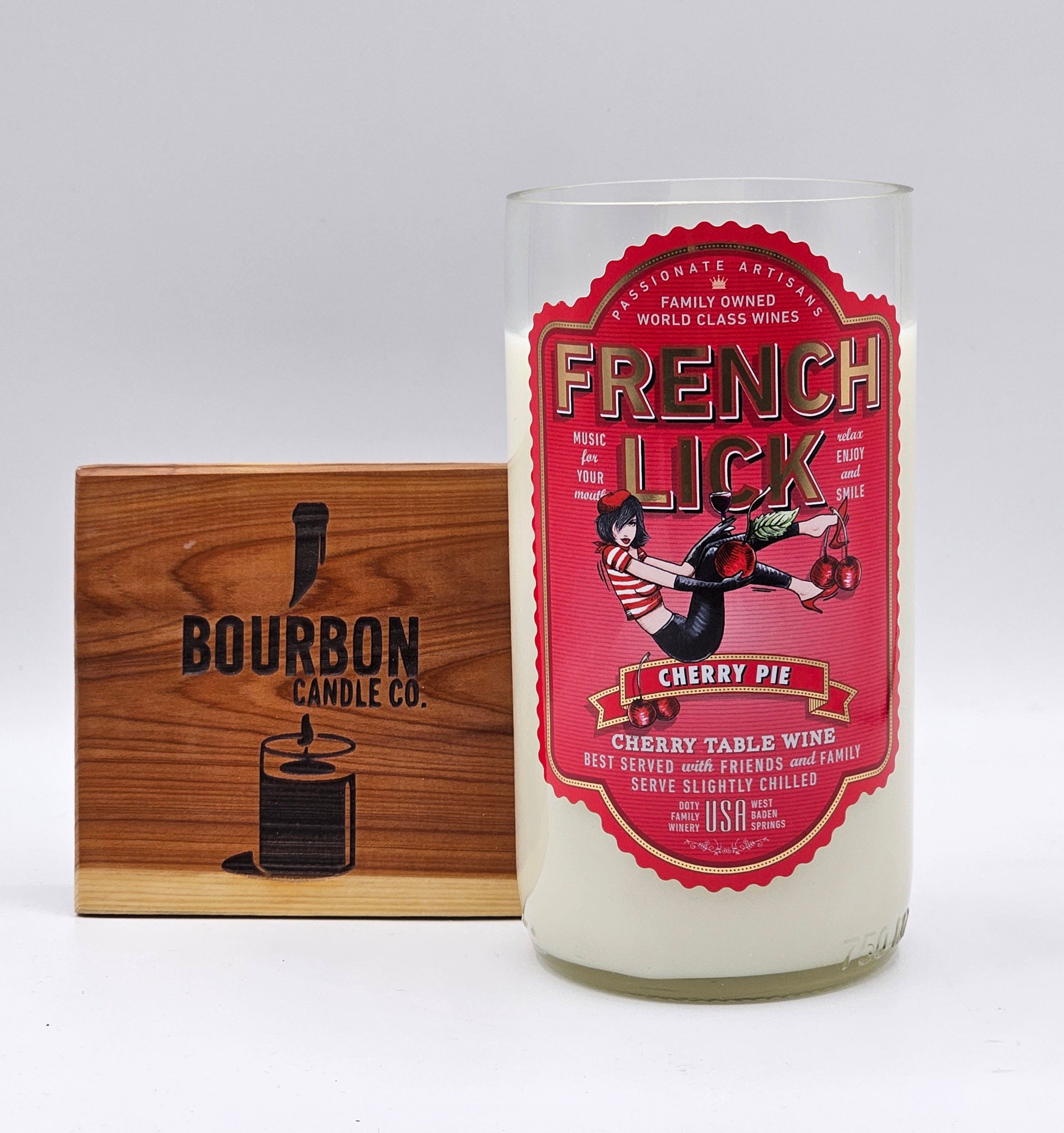 Upcycled Wine Bottle Candle made from a French Lick Winery Cherry Pie Wine bottle. Candle made by Bourbon Candle Co.