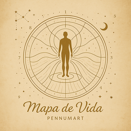 Hombre de pie en el centro de un circulo con fondo de pergamino, representado el recorrido personal en el mapa de vida.