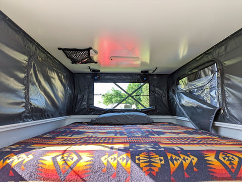 Gullwing, flatbed, pop top, Overland camper with shower, ladder, electrical system, water tank and kitchen