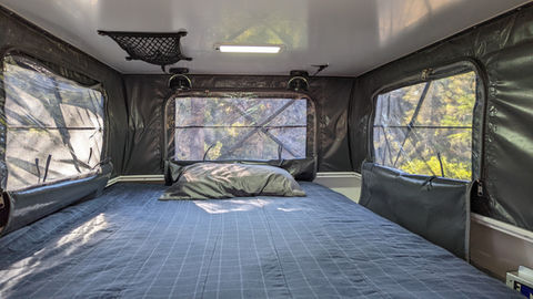 Gullwing, flatbed, pop top, Overland camper with shower, ladder, electrical system, water tank and kitchen