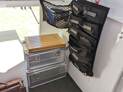 Gullwing, flatbed, pop top, Overland camper with shower, ladder, electrical system, water tank and kitchen