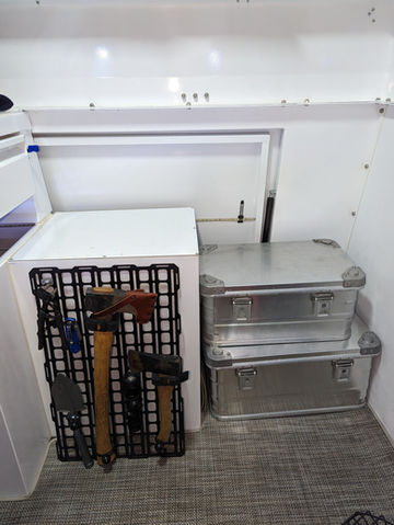 Gullwing, flatbed, pop top, Overland camper with shower, ladder, electrical system, water tank and kitchen, storage drawers