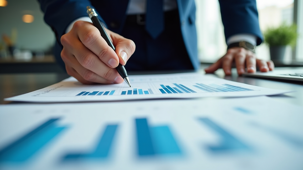 Eye-level view of a business consultant reviewing charts and graphs on a desk