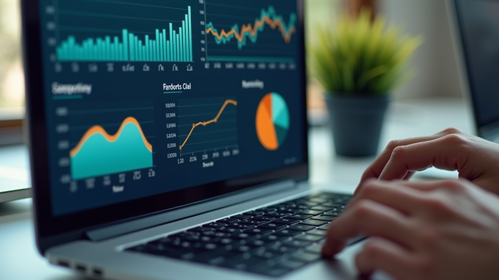 Close-up view of a laptop screen showing business analytics and charts