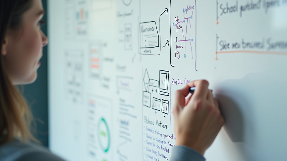 High angle view of a whiteboard with business strategy notes and diagrams