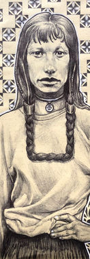 "Present" - Black pen and colour pencil on tan paper, 5" x 7" - 2019