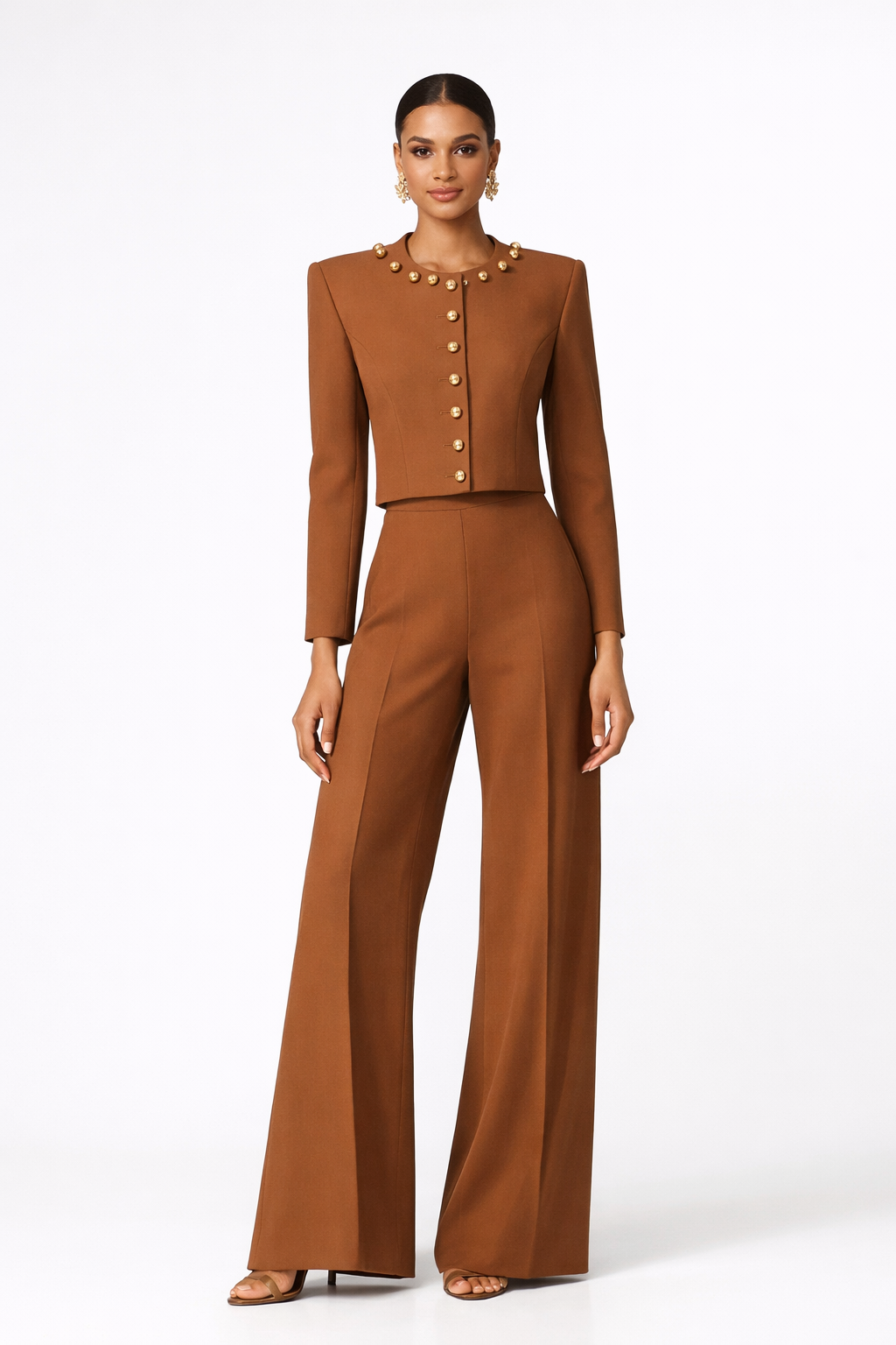 Brown high waisted palazzo suit with cropped jacket