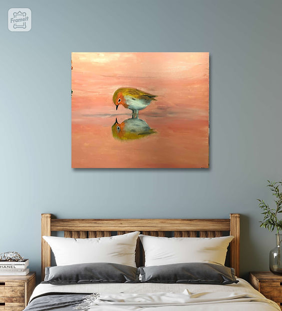 Arte Pisogne Pittore Archetipo Artenauta Atelier di Pittura dipinto acrilico pettirosso riflesso sull'acqua anime che si intrecciano