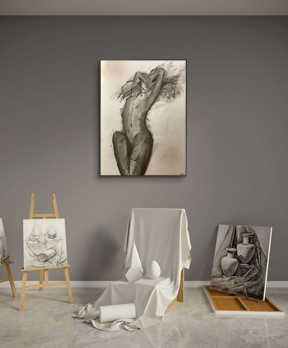Arte Pisogne Pittore Archetipo Artenauta Atelier di Pittura disegno a carboncino nudo di donna che si copre il viso sul letto erotico