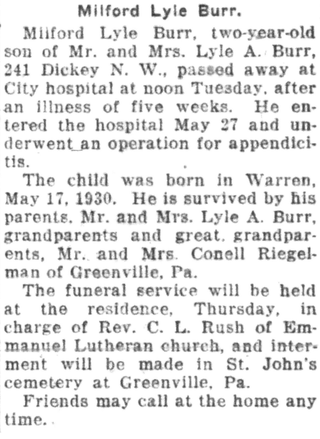 Adopt A Grave: Milford Lyle Burr (Child)