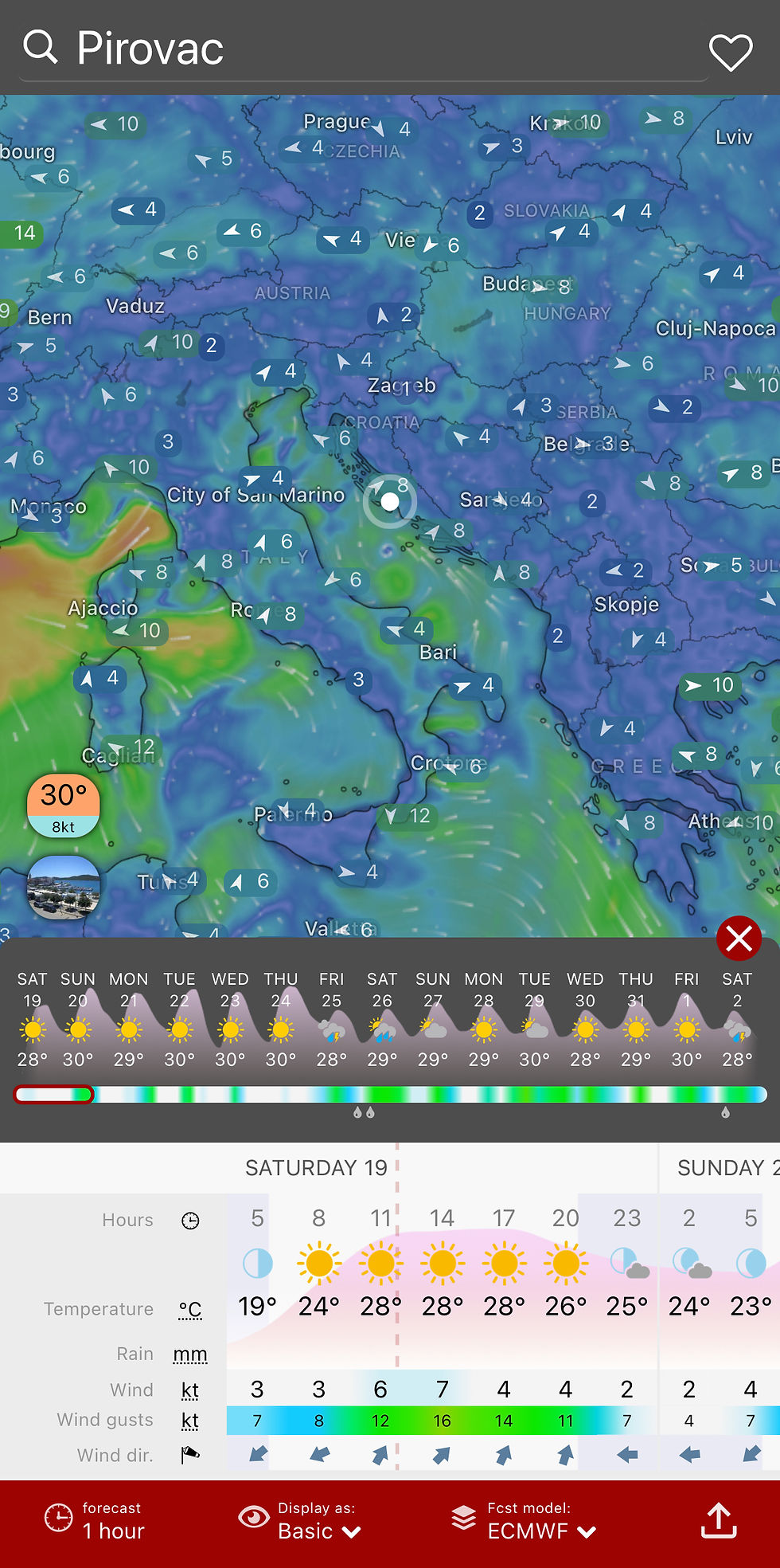 “Windy.com forecast showing Adriatic Sea wind speed and direction near Pirovac, Croatia, ideal for boat trips with low wind and sunny weather”