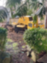 Yellow stump grinder working in a wooded yard, surrounded by trees and bushes. A wooden fence and house are visible in the background.