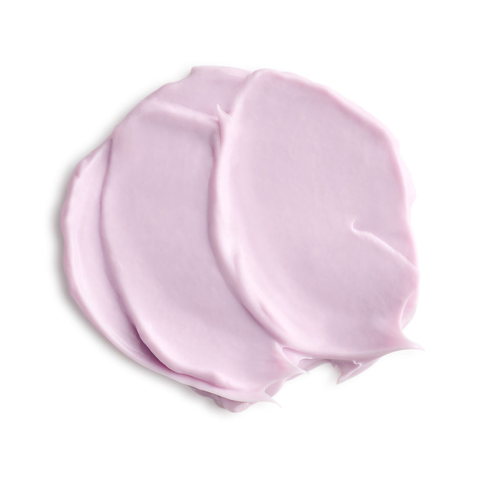 Swatches of lavender cream, white background, cosmetic product, Update - Skin by Tae