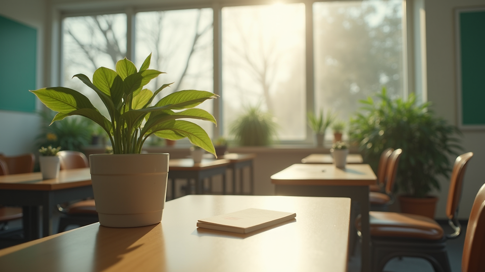 Eye-level view of a serene classroom environment with plants and natural light