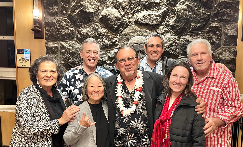 Gathering for dinner to watch the eruption at Kīlauea, February 2025. Left to Right: Pualani, Joe, Arlene, Randal, Kealiʻi, Justina, Dick