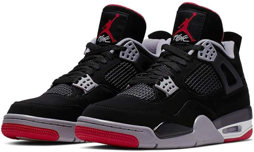 A close-up photo of a pair of black and red Air Jordan 4 sneakers.