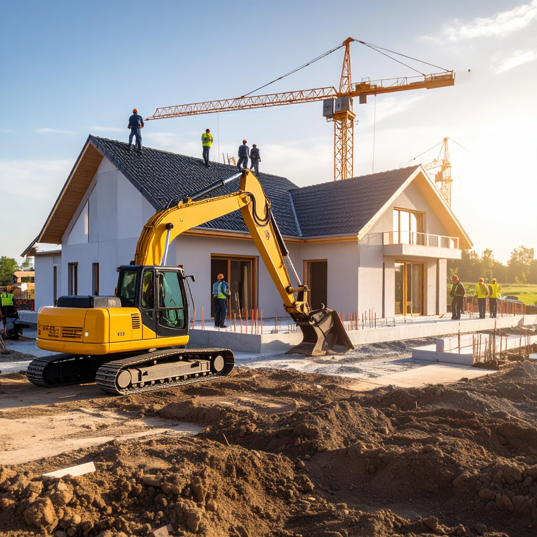Firefly_batiment en construction, début de chantier, avec un tracteur pelle jaune à coté.